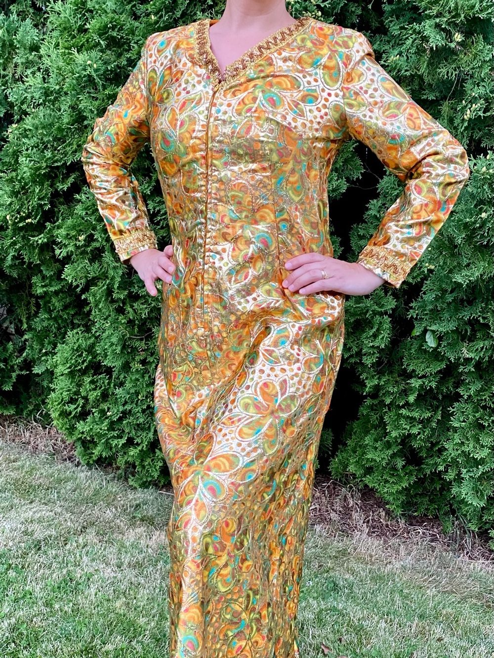 VTG 60s 70s Metallic Gold Orange Brocade Psychedelic Maxi Dress Gown Long Sleeve